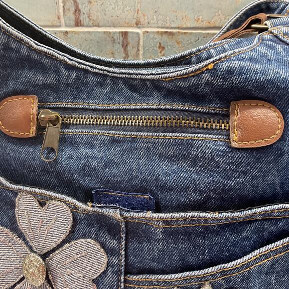 Y2K Upcycled Vintage Handmade Denim Shoulder Bag With Floral Embroidery - Picture 5 of 15